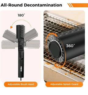 Illustration showing the YKYI 2-In-1 Cordless Electric BBQ Grill Brush, highlighting its adjustable brush head and 360° splash guard. The brush head is depicted at a 180° angle, with a close-up of the bristles on the right over a grill surface.