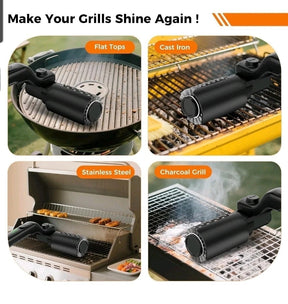 Showcases the YKYI Cordless Electric BBQ Grill Brush being used on various grill types, including a flat top, cast iron, stainless steel, and charcoal grill, highlighting its versatility in cleaning.