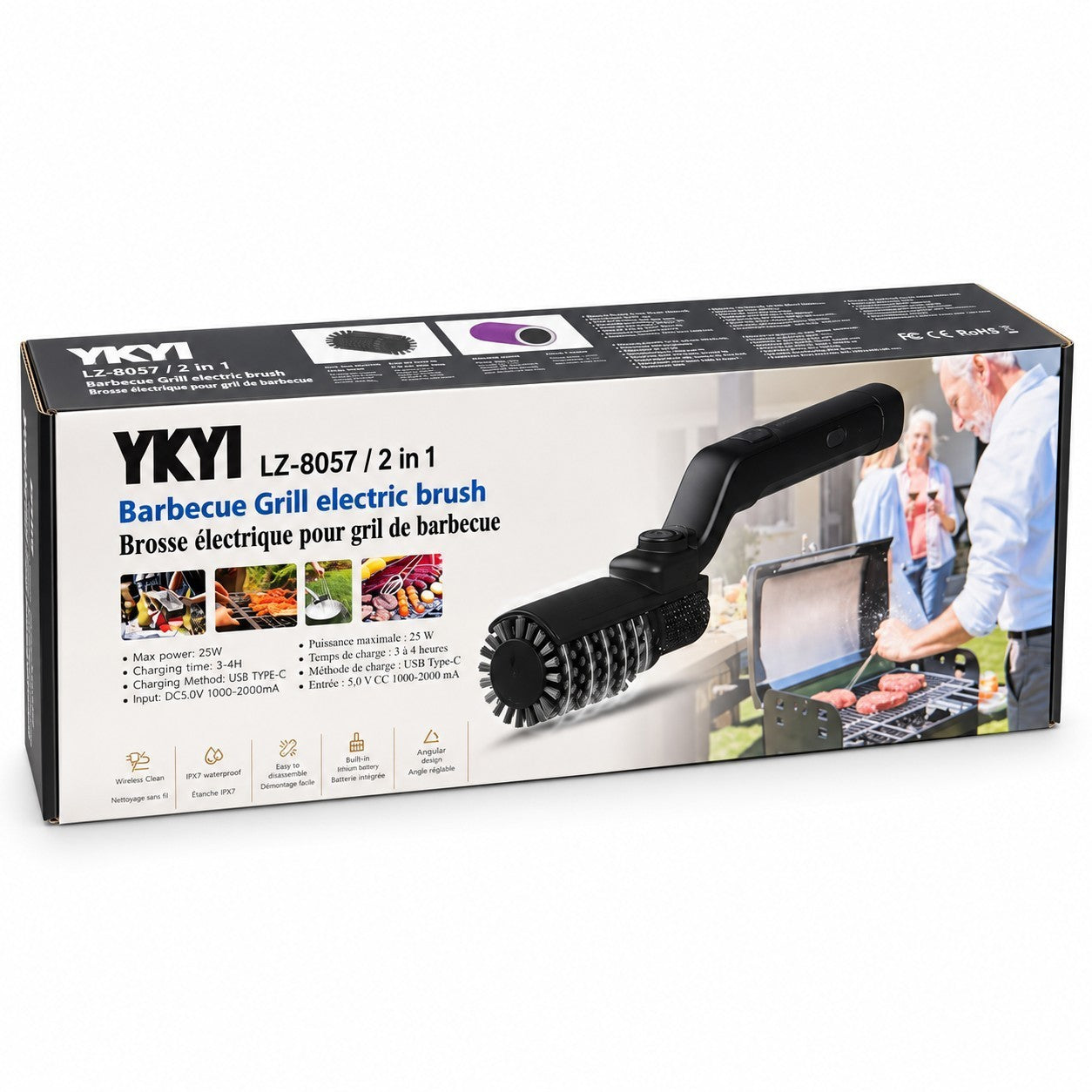 The packaging features the YKYI 2-In-1 Cordless Electric BBQ Grill Brush, displaying its sleek black design with a brush head and ergonomic handle. The box includes specifications and images showcasing its functionality, along with a background of a person grilling.