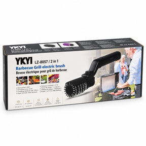 The packaging features the YKYI 2-In-1 Cordless Electric BBQ Grill Brush, displaying its sleek black design with a brush head and ergonomic handle. The box includes specifications and images showcasing its functionality, along with a background of a person grilling.