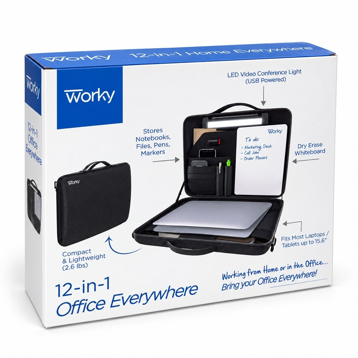 The image features the packaging of the 12-in-1 Office Everywhere Portable Briefcase, displaying a black briefcase with various compartments designed to hold notebooks, files, pens, and markers. The inside of the briefcase shows a laptop slot, a dry erase whiteboard, and an LED video conference light, with annotated text highlighting its features and benefits.