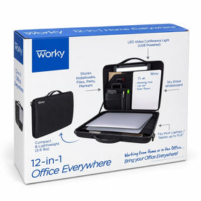 The image features the packaging of the 12-in-1 Office Everywhere Portable Briefcase, displaying a black briefcase with various compartments designed to hold notebooks, files, pens, and markers. The inside of the briefcase shows a laptop slot, a dry erase whiteboard, and an LED video conference light, with annotated text highlighting its features and benefits.