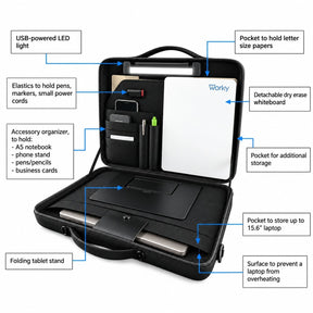 Interior of a black portable briefcase featuring various compartments including a USB-powered LED light, a detachable dry erase whiteboard, elastic pen holders, and pockets for an A5 notebook, phone stand, and business cards, along with a tablet stand and a designated compartment for a laptop up to 15.6 inches.