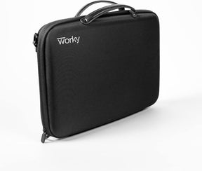 Sleek black briefcase with a textured exterior, featuring a small logo on the top and dual handles for easy carrying. The zipper runs along the edge, allowing access to the main compartment.
