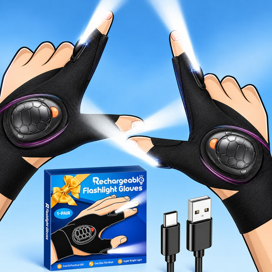 Black rechargeable LED flashlight gloves are illuminated at the fingertips, showcasing their hands-free design. A blue box labeled "Rechargeable Flashlight Gloves" is positioned below the gloves, accompanied by a USB charging cable.