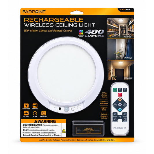 Round, white ceiling light featuring a smooth surface with a central panel and three-button control on the front, accompanied by a remote control on the side. The packaging background is black with product details and uses labeled, suggesting its versatility for various indoor spaces.