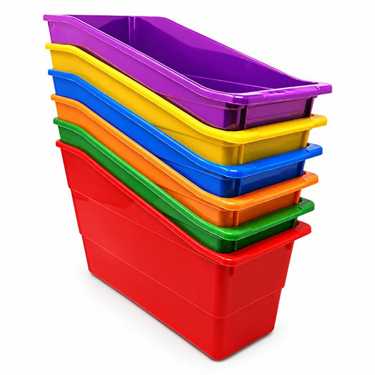 Stack of six vibrant vertical storage bins in purple, blue, yellow, orange, green, and red, featuring a sloped design for easy access. The bins are made of glossy plastic, allowing for color-coded organization.