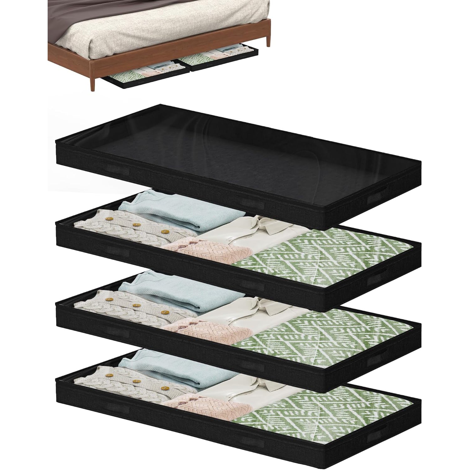 4pk Low Profile Under Bed Storage Bins – Foldable with Clear Lid