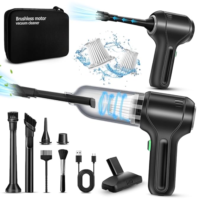 Cordless Handheld Vacuum & Air Duster – 4-in-1 Mini Car Cleaner with LED Light