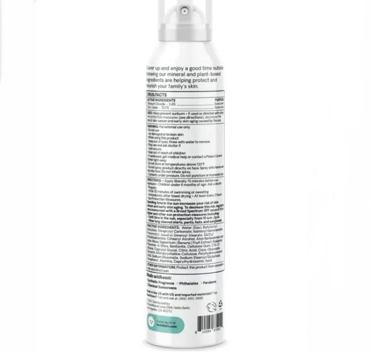 Hello Bello Mineral Sunscreen Spray SPF30, UVA+UVB, Reef Friendly & Water Resistant, Hypoallergenic