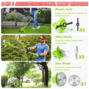 21V Cordless Electric Weed Wacker Kit – 3-in-1 Trimmer, 3 Blade Types