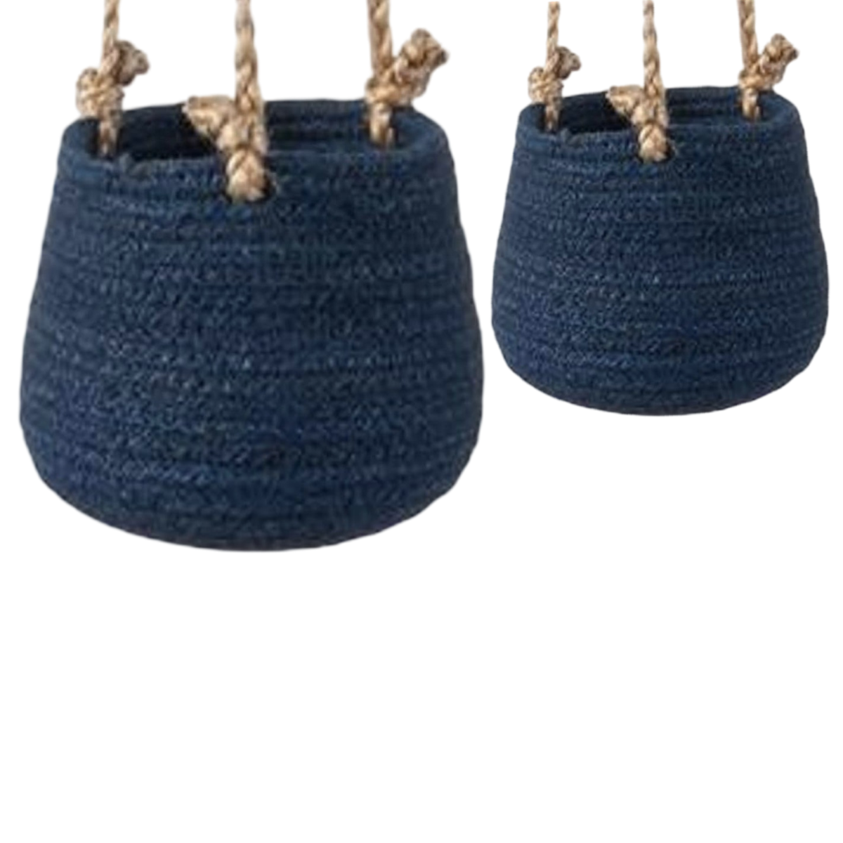 navy blue hanging planter Karma Hanging Woven Jute Basket Planter Set, Blue