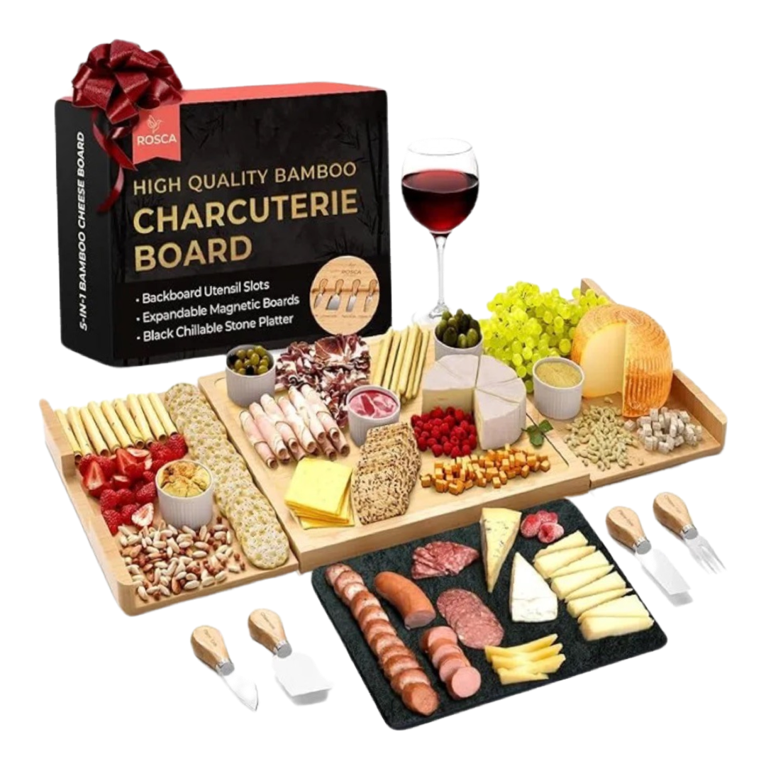 Bamboo Cheese & Charcuterie Board Set – 4 Serving Trays & 4 Knives