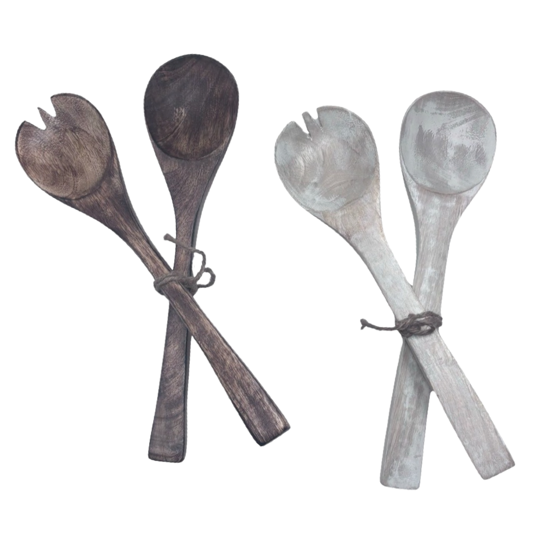 12" Wooden Serving Utensil Set - Fork & Spoon