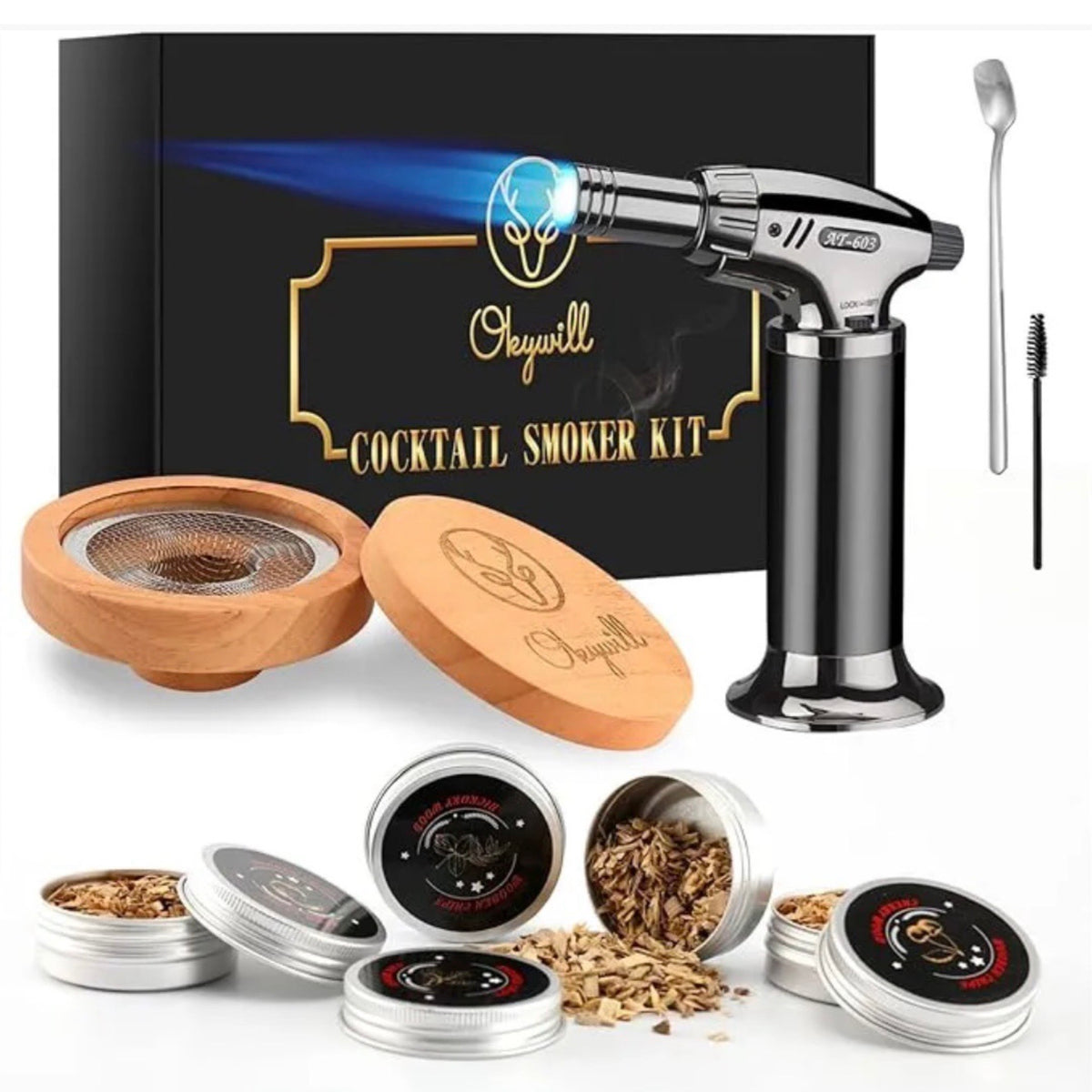 Bourbon Whiskey Cocktail Smoker Kit w/Torch – Infuser Kit w/4 Woodchip Flavors