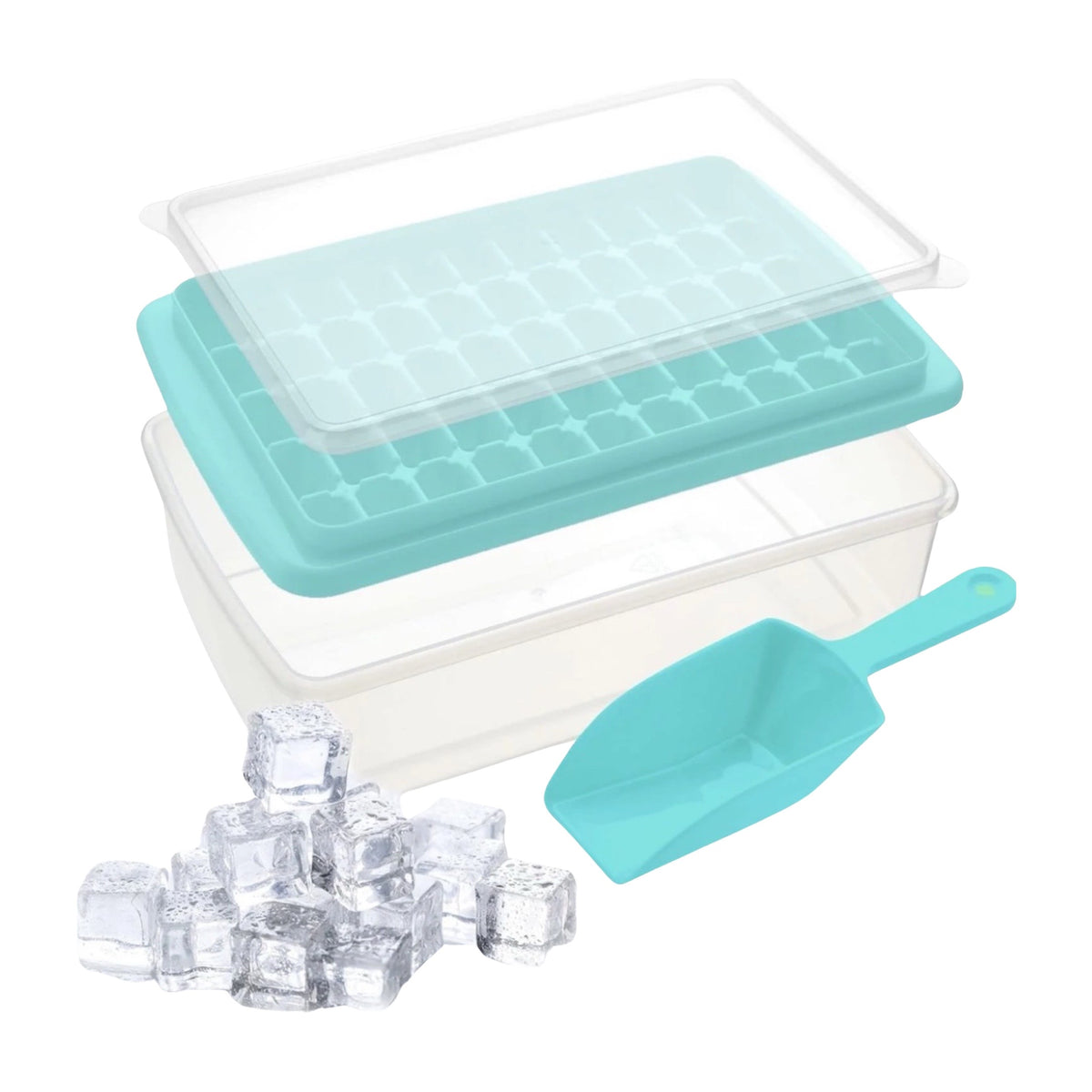 No Spill Stackable 55 Nugget Ice Cube Tray w/ Bin, Lid & Scoop - Easy Release