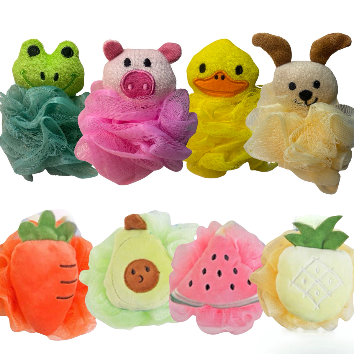 4pk Exfoliating 5" Shower & Bath Pouf / Loofah- With Attached Plush Sponge Toy