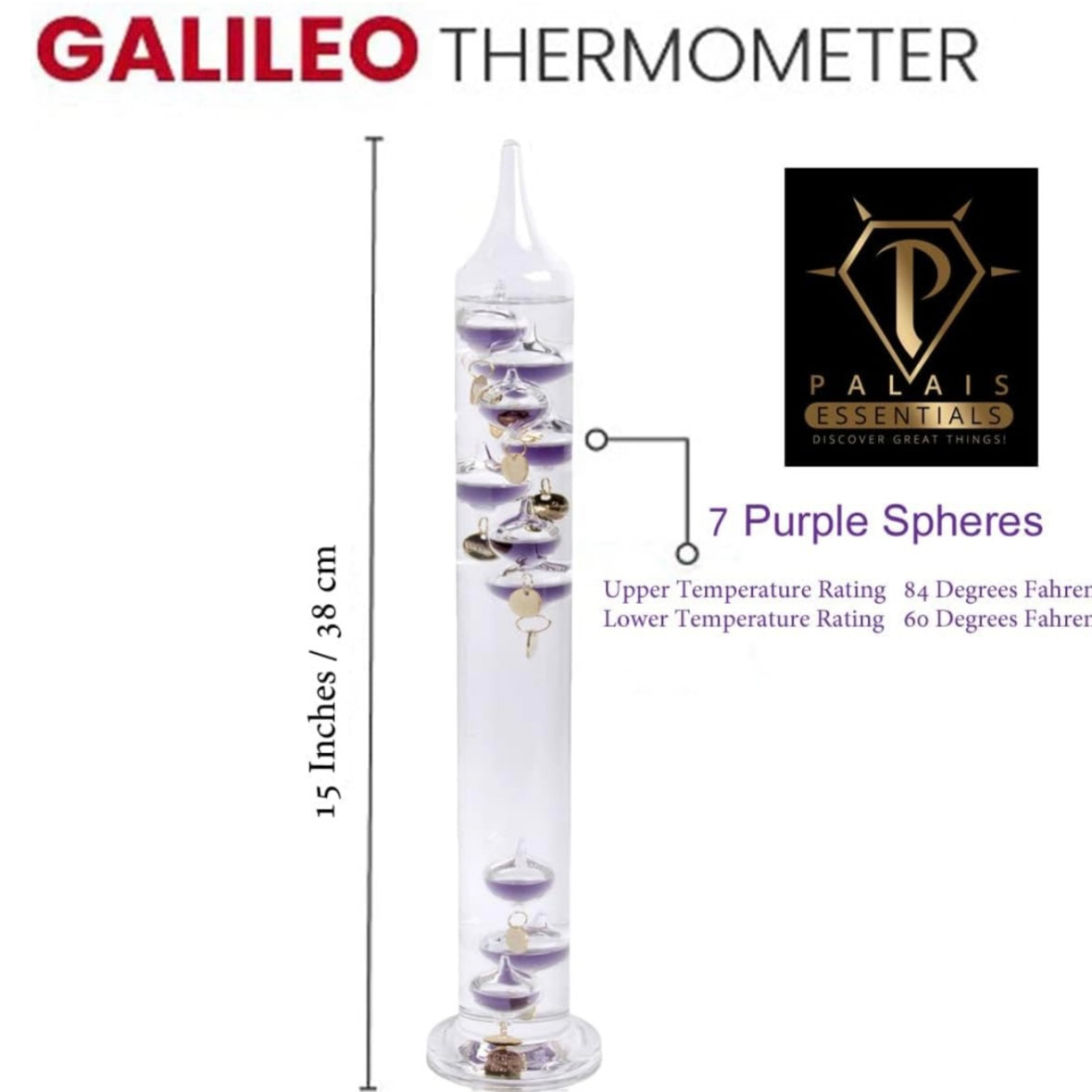 15in Decorative Galileo Thermometer w/ 7 Purple Floating Glass Temperature Spheres