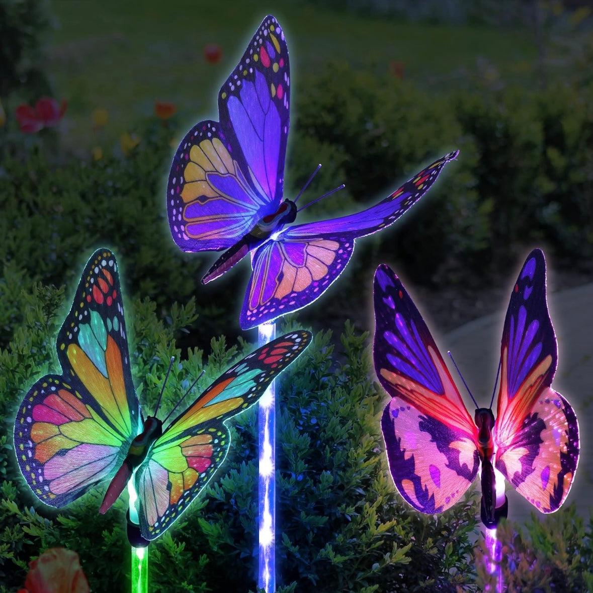 Set of 3 Butterfly Fiber Optic Color Changing LED Garden Solar Lights