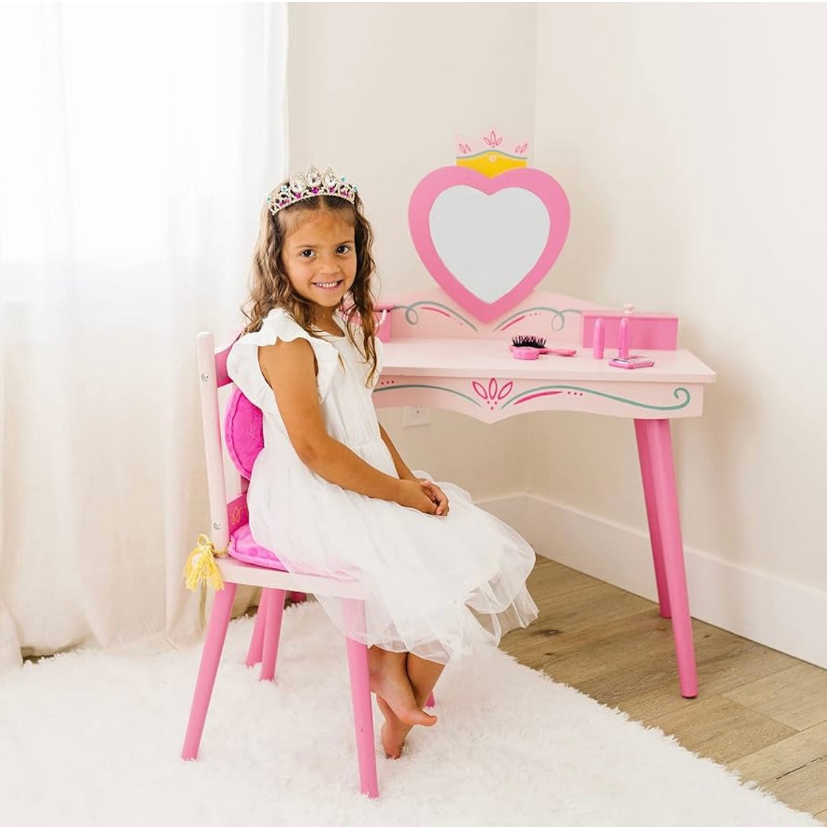 Wildkin Princess Wooden Vanity & Chair Set - w/Mirror, Jewelry, Music Box