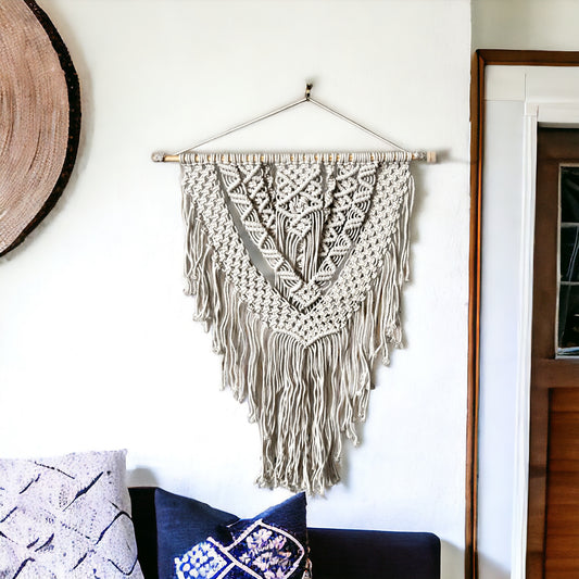 35"L x 25" W Macrame Cotton & Wood Wall Hanging - Shabby Chic, Boho Style