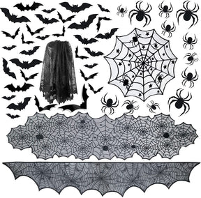 48pc Halloween Spider Web Tablecloth And Decor Set - Includes Runner & Mantle Scarf