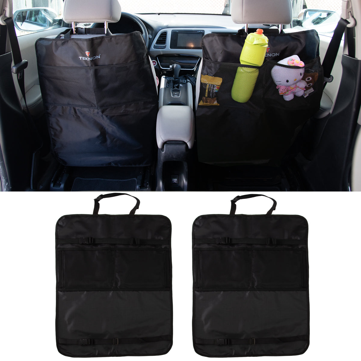 2pk Nylon Car Seat Kick Mat Protectors With Storage Pockets
