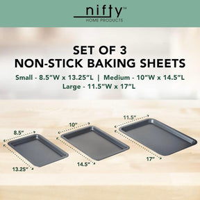 Set of 3 Nifty Cookie & Baking Sheets– Non-Stick Coated Steel, Dishwasher Oven Safe
