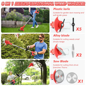 21V Cordless Electric Weed Wacker Kit – 3-in-1 Trimmer, 3 Blade Types