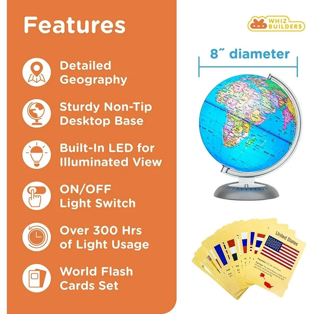 Whiz Builders Illuminated 8" Globe w/ World Flashcards Set - Makes Learning Fun