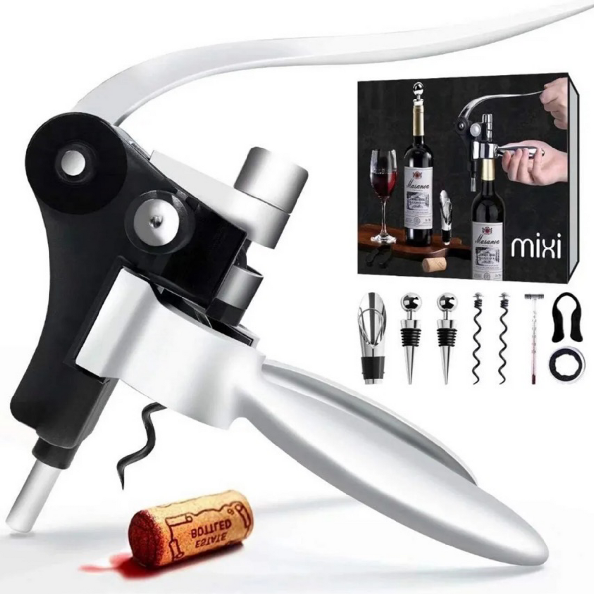 9-Piece Wine Opener Set - Stainless Steel Rabbit Corkscrew With Foil Cutter, Pourer & Stoppers