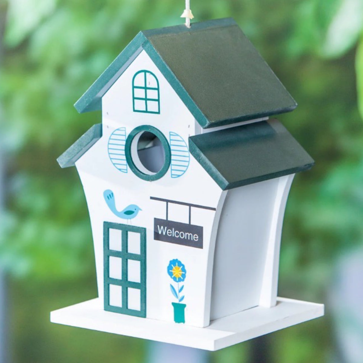 10" Evergreen Wood Birdhouse With Painted Details- Hanging Cord Attached