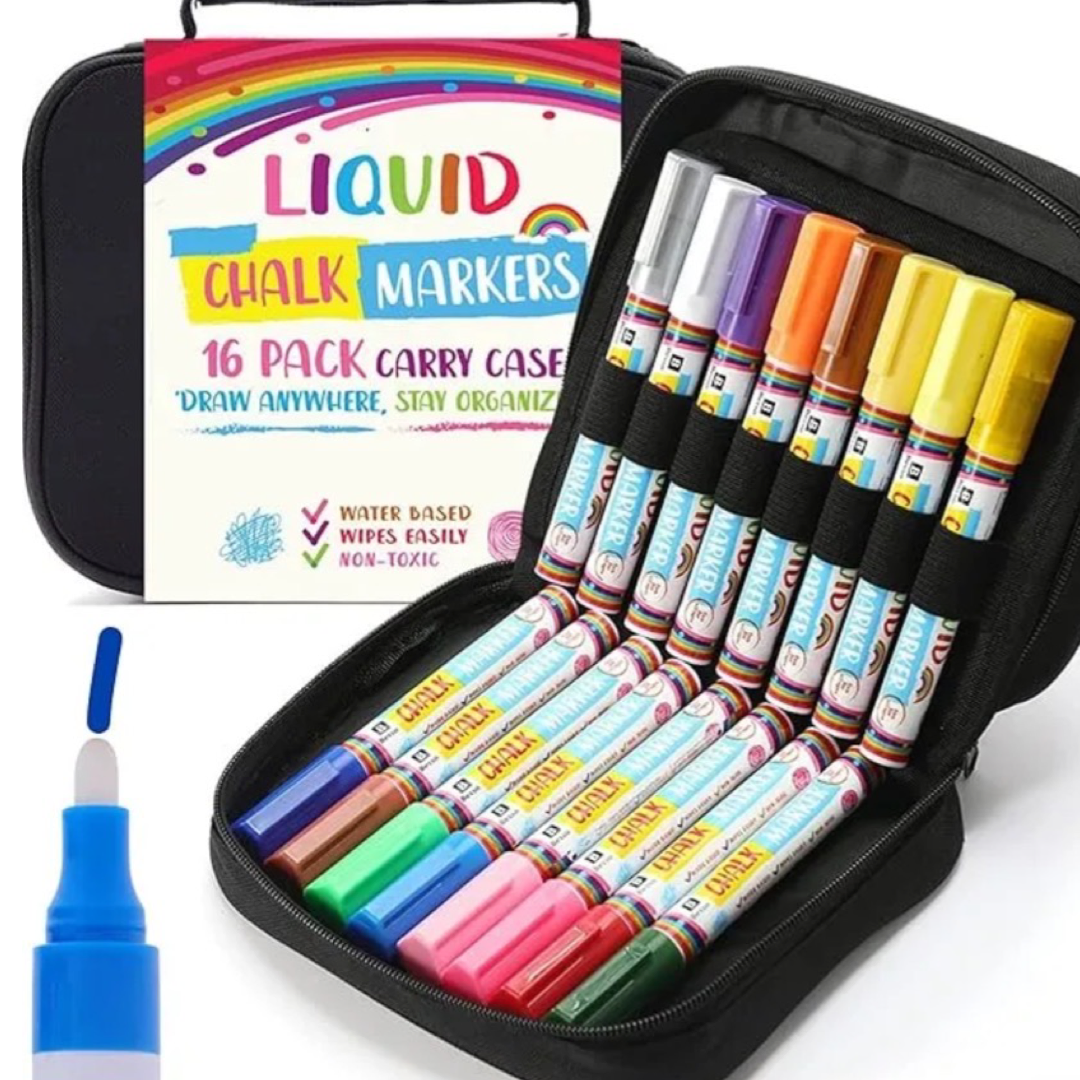 16pc Liquid Chalk Markers With VIbrant Colors - Great For Glass, Chalkboards & LED
