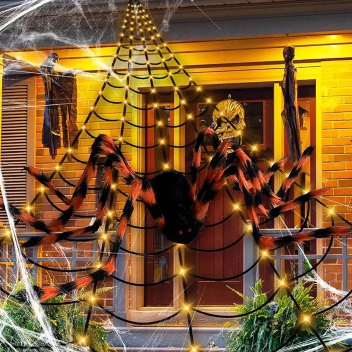 23ft Stretchable Triangular Spider Web & 60" Furry Spider - 150 LED, Lights up!