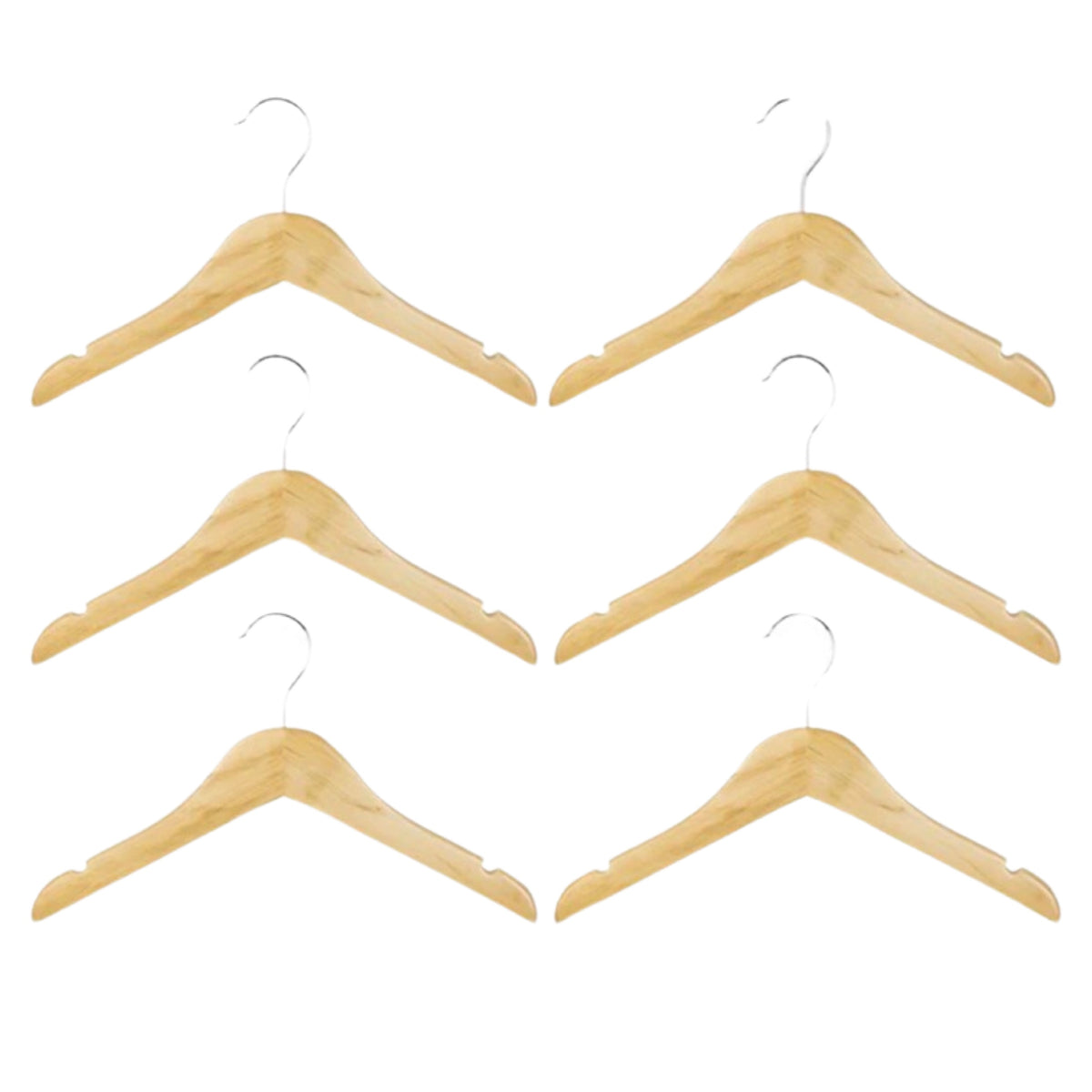 6pk 12" Natural Hardwood Kids Shirt and Coat Hanger W/ Swivel Hook & Notches