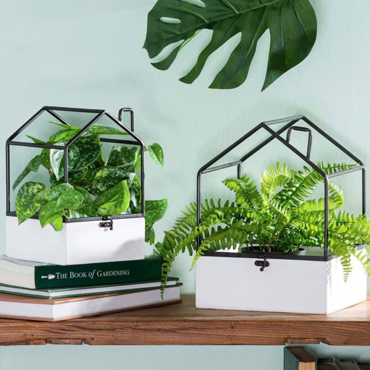 2pc House Shaped Metal and Wood Terrariums - Homes For Your Plants