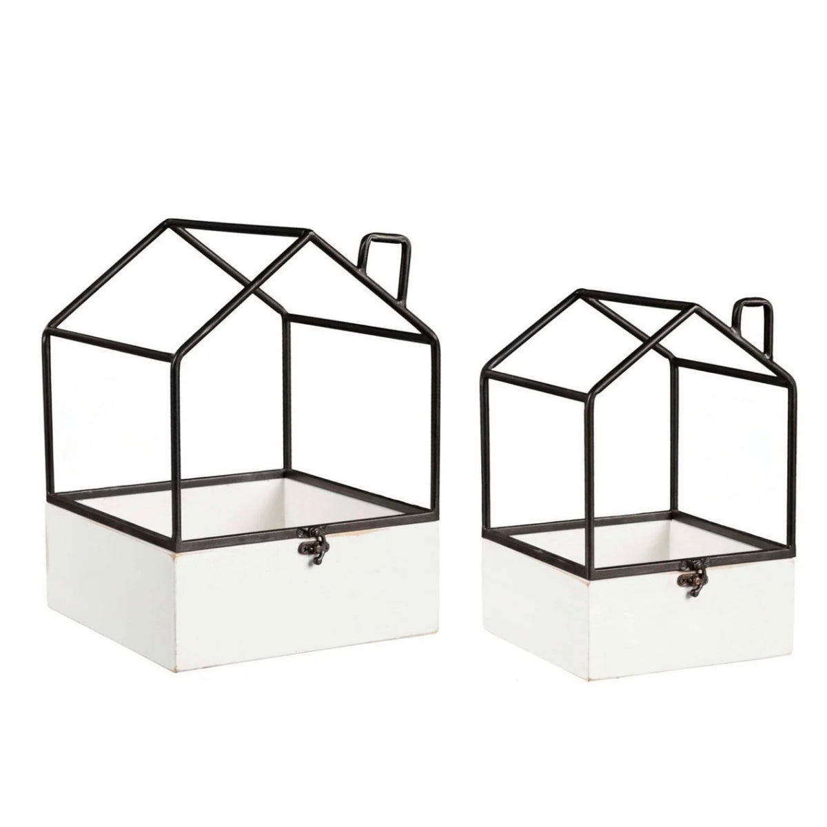 2pc House Shaped Metal and Wood Terrariums - Homes For Your Plants