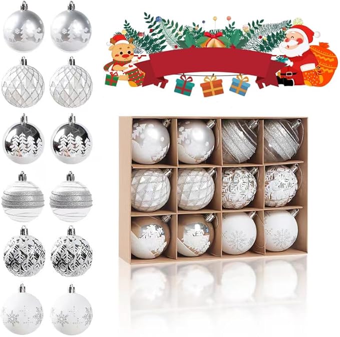 12pc Christmas Ornament Bulb Set – Glittery Shatterproof Tree Decorations