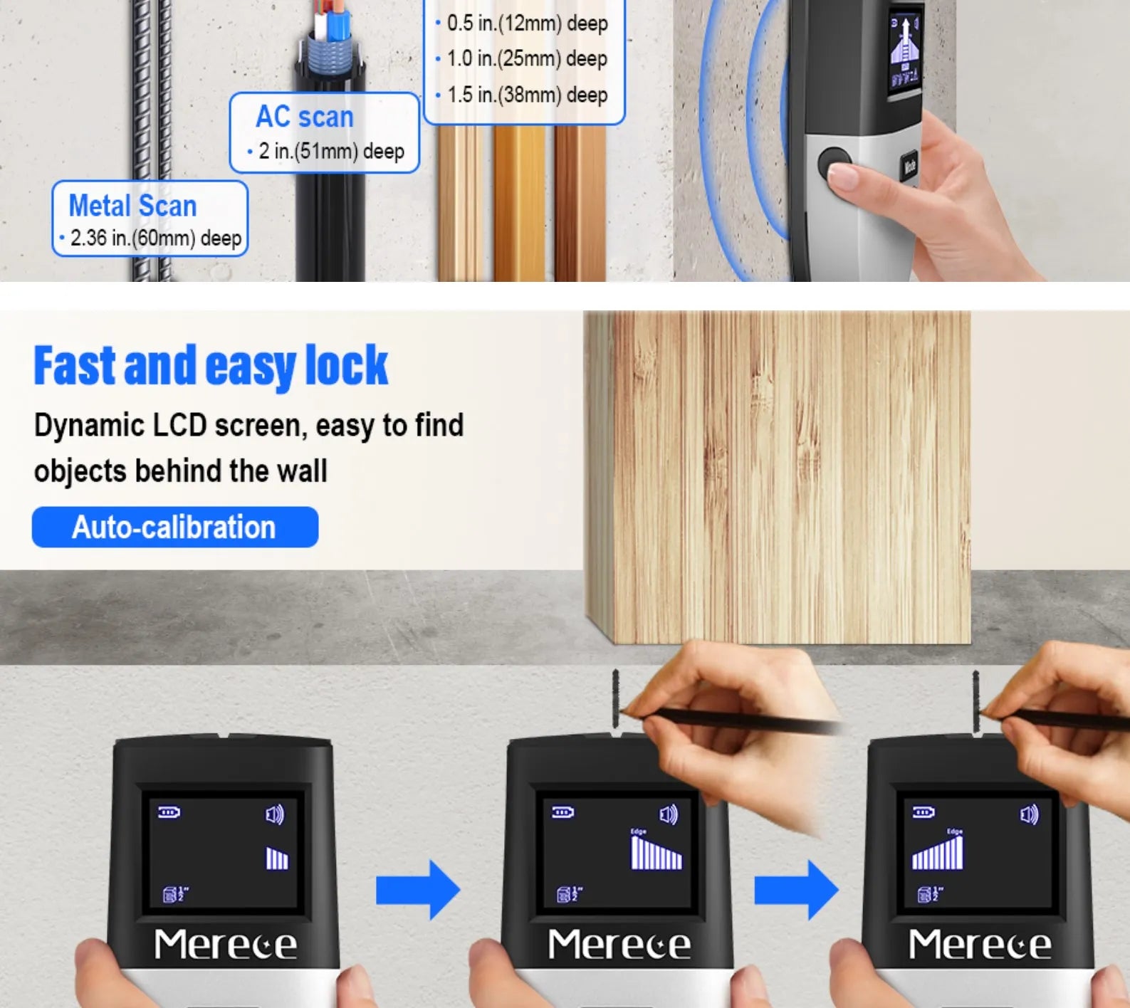 Merece Stud Finder Wall Scanner, 5 in 1 Stud Sensor – Center Finding with LCD Display