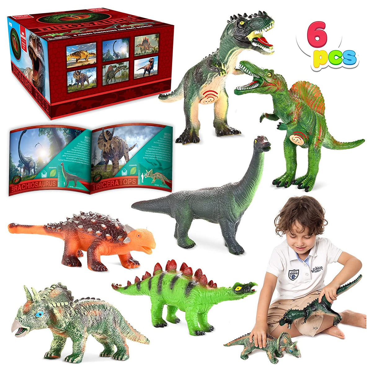 6pc Jumbo Dinosaur Set And Fact Booklet - Real Roaring Effect