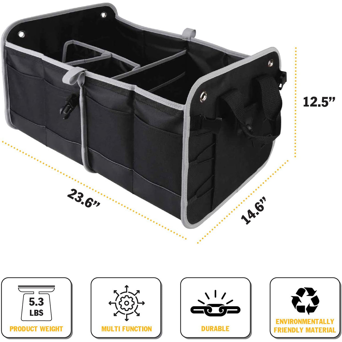 23" Foldable Trunk Organizer For Car Storage - Non Slip Bottom, Securing Straps