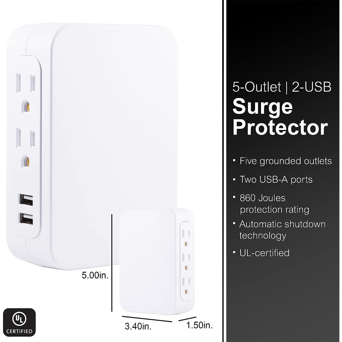 GE Pro USB Charging Surge Protector, 5 Outlets 2 USB Ports – Side Access