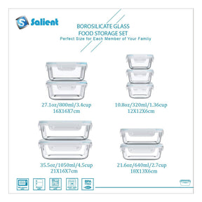 18pc Glass Container Set With Lock Tight Lids - BPA Free, Leak Proof