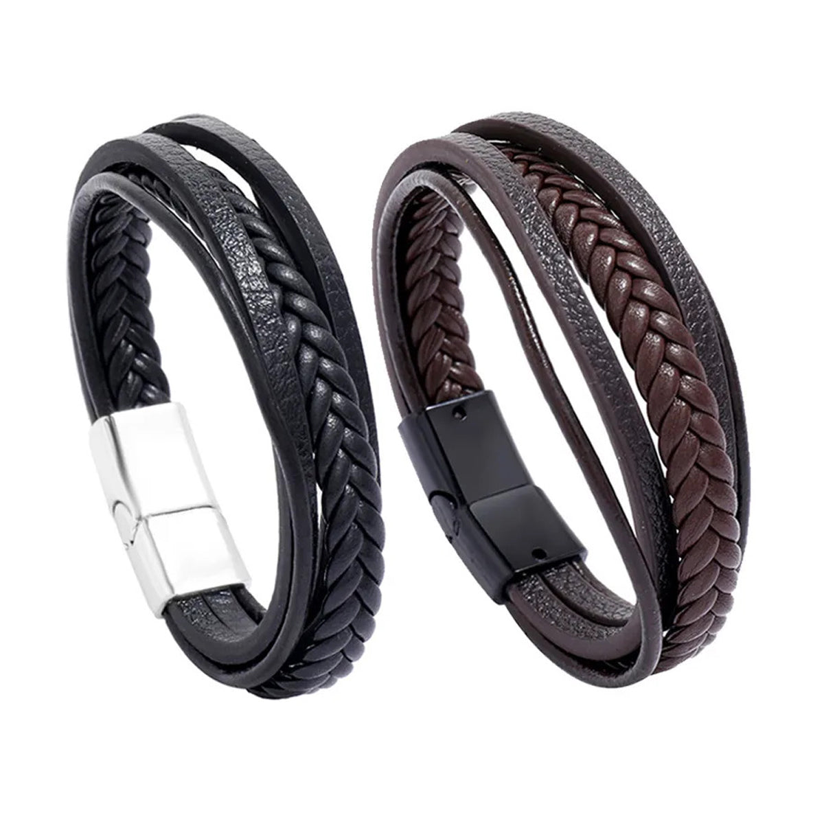 Multi-Layer Braided Leather Mens Bracelets - Pin & Lock Magnetic Closure