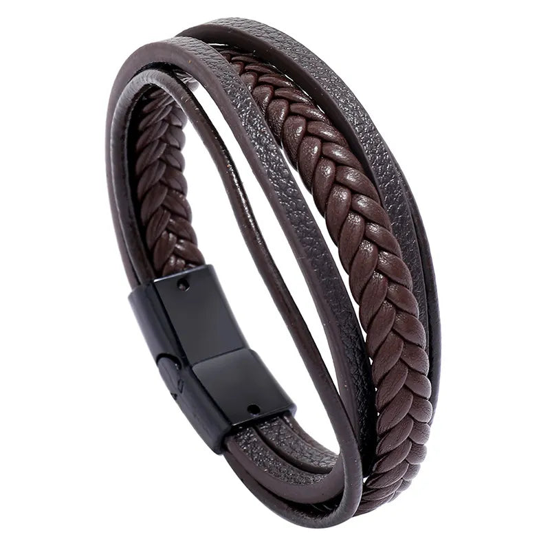 Mens Double Layer Braided Leather Bracelet With Adjustable