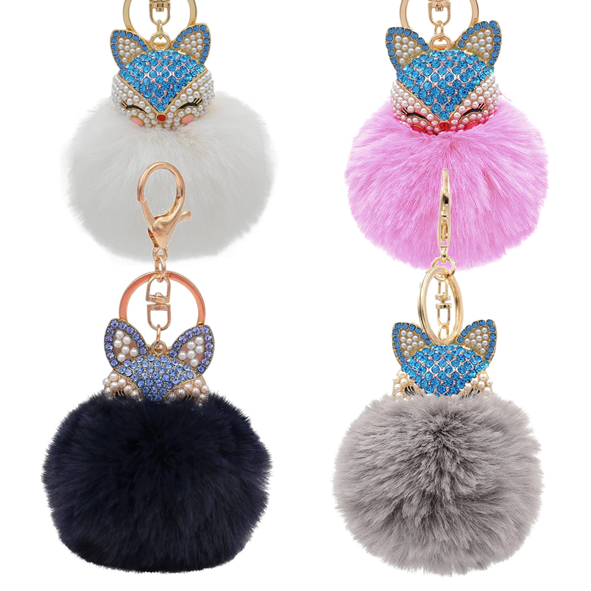 Fox Fur Pom Pom keychain, black and purple strings Pom Pom Keychain Made With Genuine Fox Fur. Really Soft  main image 3