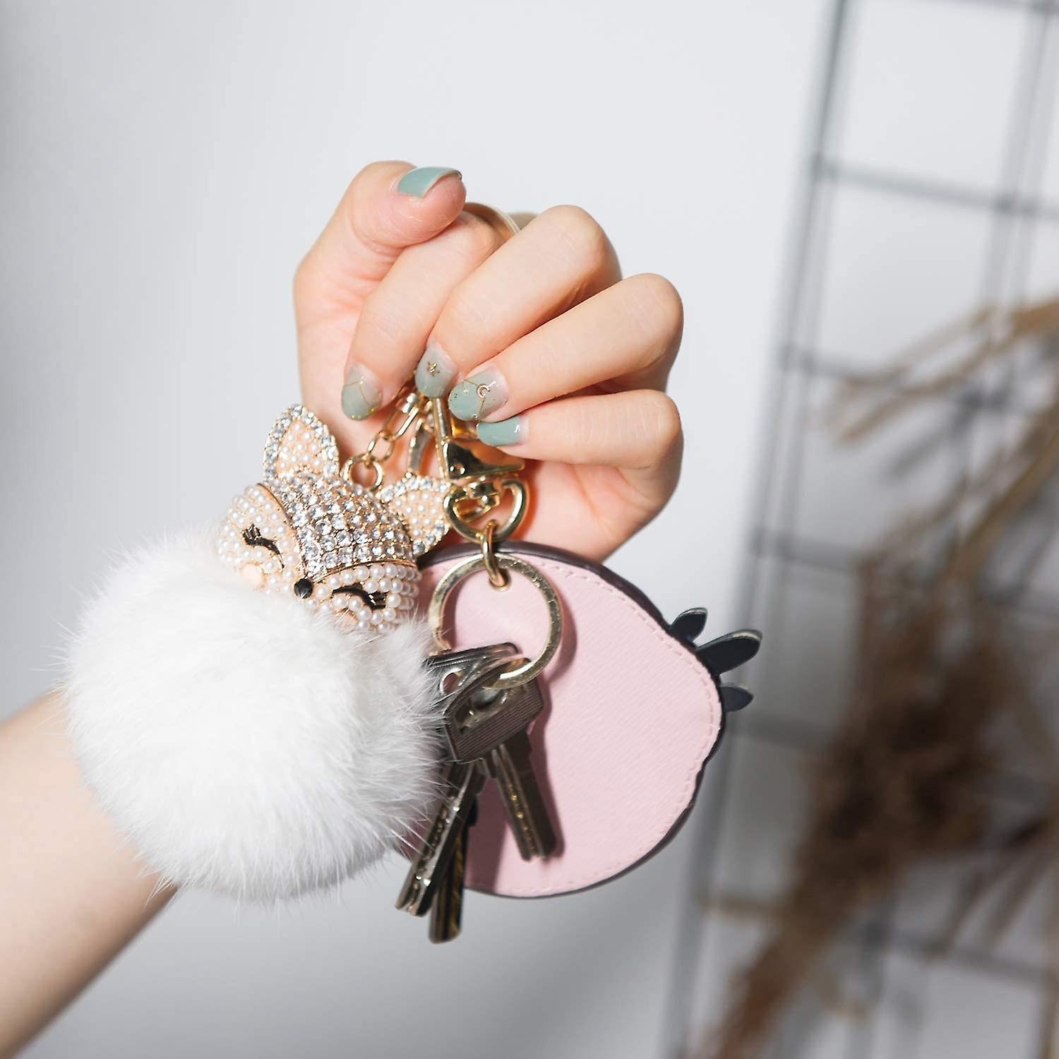 Pom Pom Keychain with Lanyard Plush Ball Key Ring Car Pendant Bag Charm  Cute Pink Unicorn