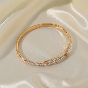 Half Pave Zircon Gemstone Hinged Oval Bangle, Gold Or Silver - Fashion Jewelry