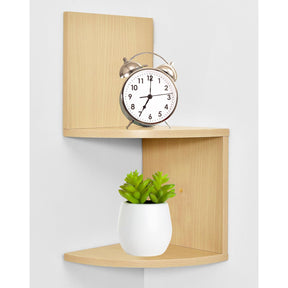 Modern 2 Tier Corner Floating Shelves, Natural Finish - Wall Mount Shelf Set