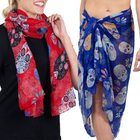 Sugar Skull Print 70 x 35” Scarf - Lightweight, Semi-Sheer